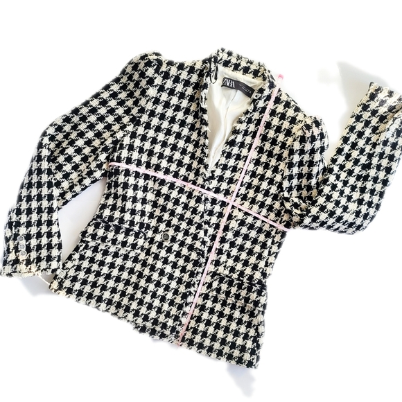 ZARA DOUBLE BREASTED TWEED FRINGE HOUNDSTOOTH BLAZER - Picture 10 of 12